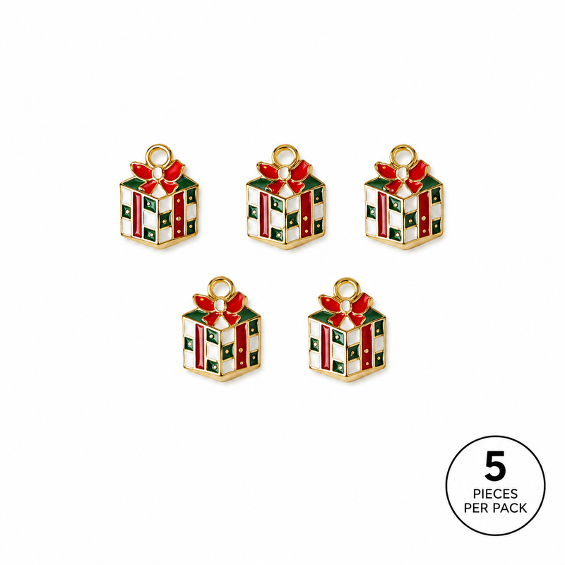 Christmas Enamel Charms – Trees, Wreaths & Gift Boxes | Holiday Jewelry Charms, 5pc Pack