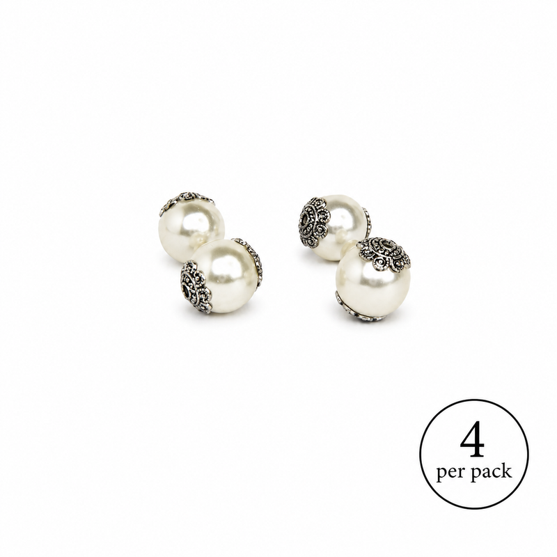 14mm Ivory Faux Shell Pearl Focal Beads with Tibetan Silver Bead Caps – 4 Pieces