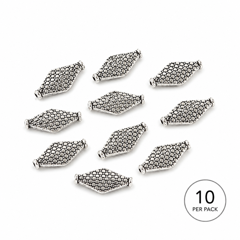 20mm Rhombus Focal Beads – Antique Silver Textured Metal Beads – 10 Pieces per Pack