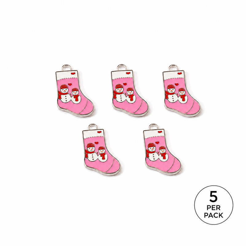 Christmas Stocking Snowman Charms, 24mm Enamel Holiday Pendants – 5pc Pack