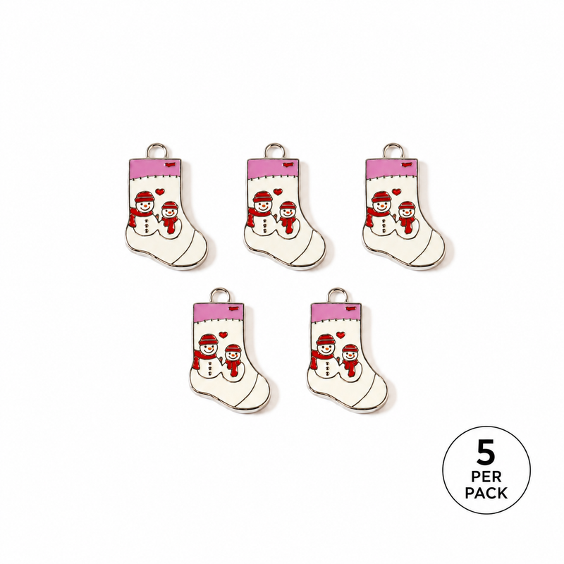 Christmas Stocking Snowman Charms, 24mm Enamel Holiday Pendants – 5pc Pack
