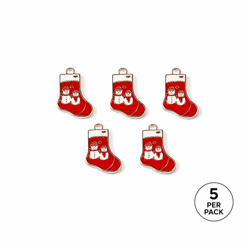 Christmas Stocking Snowman Charms, 24mm Enamel Holiday Pendants – 5pc Pack