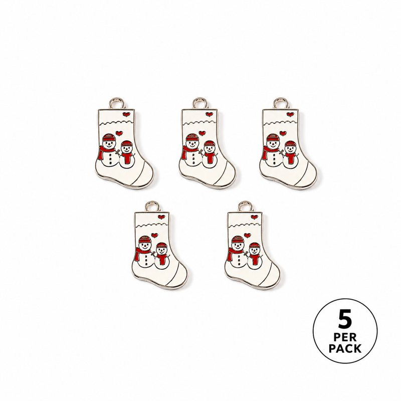 Christmas Stocking Snowman Charms, 24mm Enamel Holiday Pendants – 5pc Pack