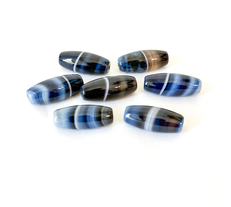 14x30mm Banded Agate Focal Beads |Blue and White Agate Drum Beads | 14x30mm Focal | DIY Jewelry Supplies | 1 Piece
