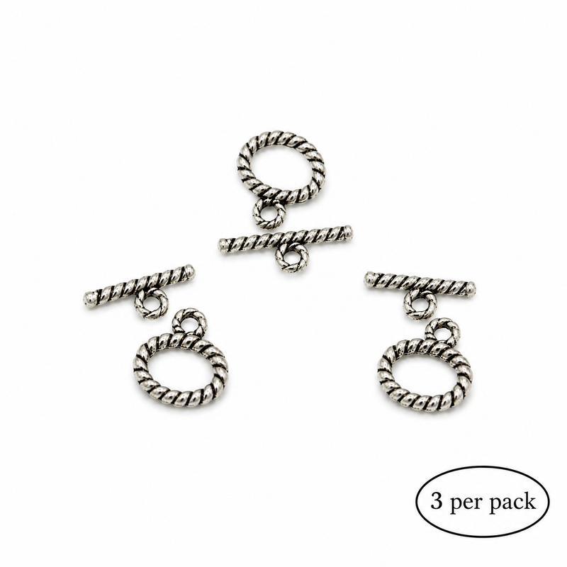 15mm Tibetan Silver Rope-Textured Toggle Clasps for Jewelry Making – 3 Sets