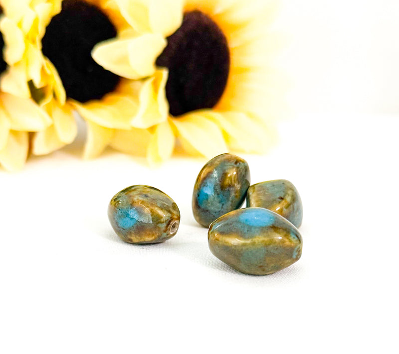 15x21mm Ceramic Beads | Larg Hole | Light Brown and Turquoise Beads | DIY Jewelry Designs | One strand or Four Pieces