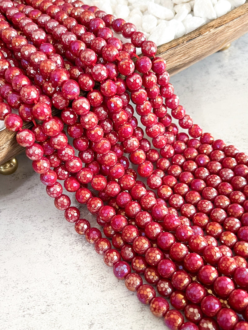 10mm Faceted Electroplated Red Agate Gemstone Beads | Plated Agate | Bright Red | DIY Gemstone Jewelry | 15” Strand 36 Beads per strand