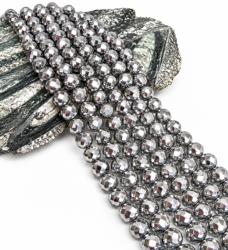 10mm Multifaceted Silver Hematite Beads – 15 Inch Strand