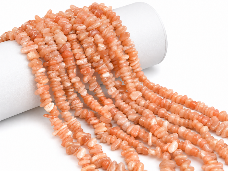 Approximately 7mm Natural Peach Moonstone Gemstone Chip Beads – Smooth Polished Peach and Cream Mixed-Tone Chips