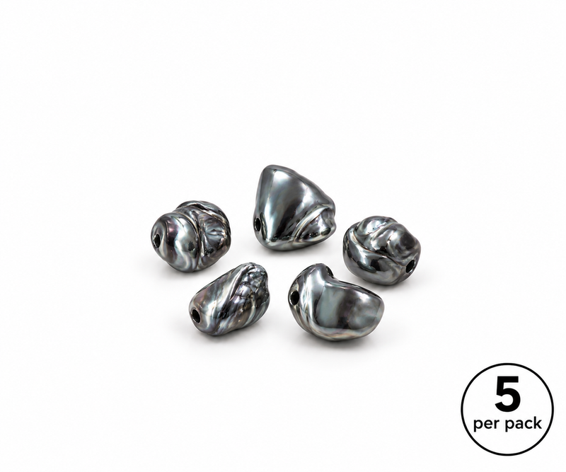 15–20mm Silver Black Baroque Shell Pearl Beads – Irregular Shaped Pearls, 5 Per Pack