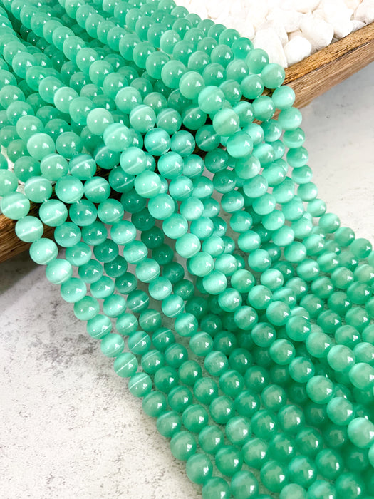 10mm Smooth Cats Eye Quartz Gemstone Beads | Quartz Beads | Aqua Green | 38 Beads per strand