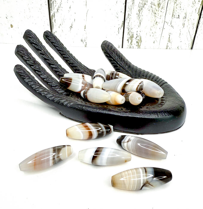 40mm Black Brown Banded Agate Barrel Beads – Polished Gemstone Focal Beads