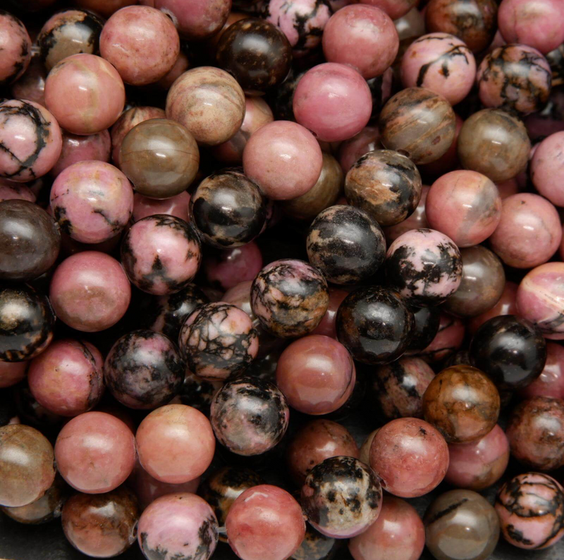 Smooth Black Rhodonite Gemstone Beads | Healing Properties | Pink and Black Gemstone Beads | 12mm, 10mm, & 6mm | DIY Jewelry Designs