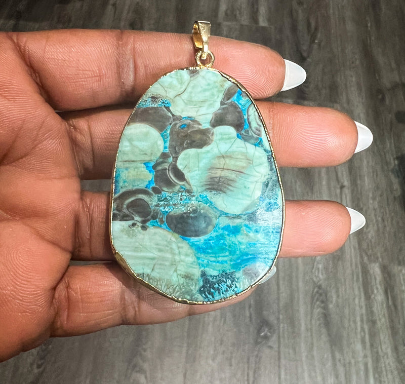 Large Soldered Ocean Agate Pendant | 41x60mm Ocean Agate Pendant | Soldered Pendant with 18K Gold Plated Bail | DIY Jewelry Designs