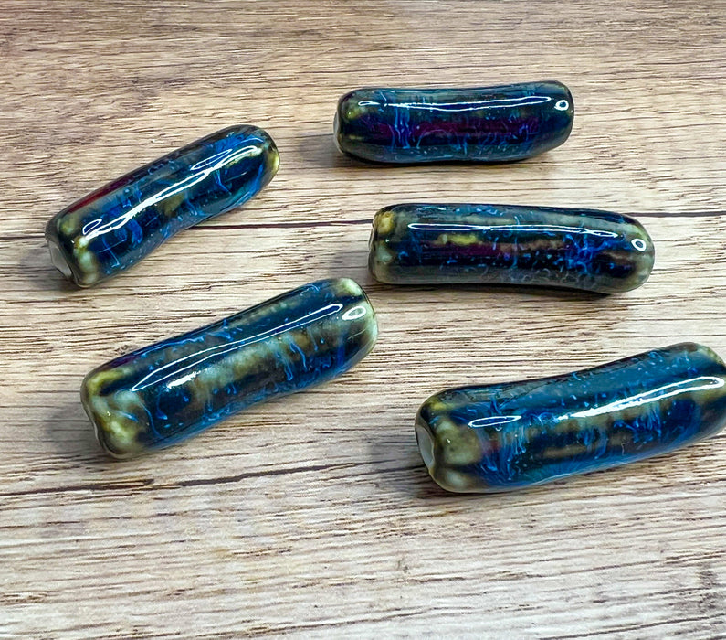 Glazed Ceramic Cylinder Beads | 12x 40mm Ceramic Tube Beads | Blue Tube Beads | DIY Jewelry Designs | 1 pcs