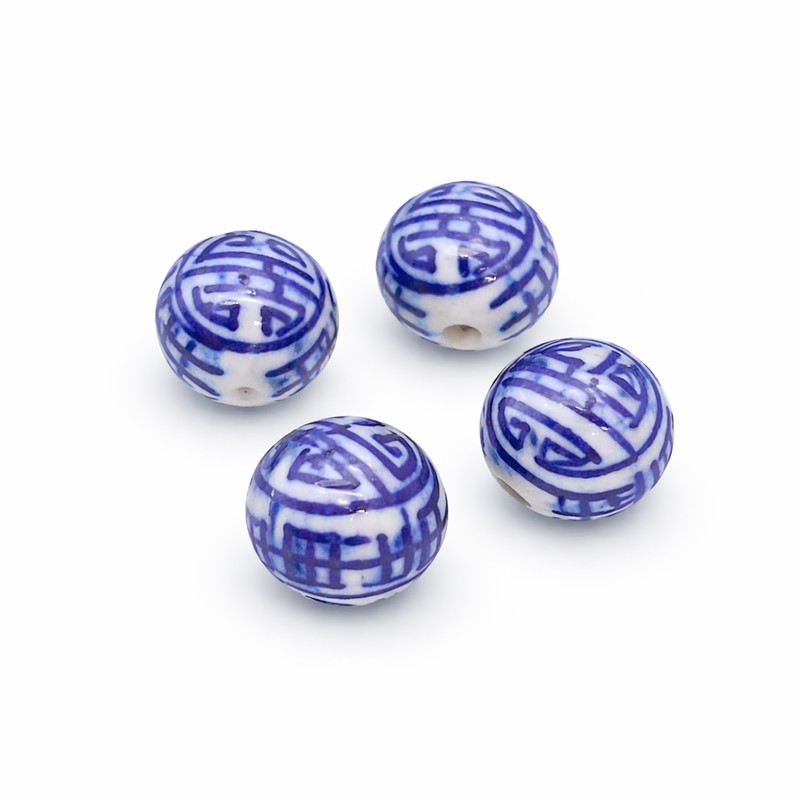 18mm Hand-Painted Chinese Porcelain Beads | Longevity Design | Set of 4