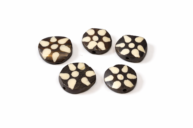 African Batik Bone Beads | Flat Hand-Carved Beads | Assorted Colors & Patterns | 20mm+ | 5-Pieces or By the Strand