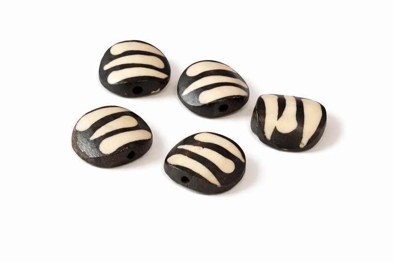 African Batik Bone Beads | Flat Hand-Carved Beads | Assorted Colors & Patterns | 20mm+ | 5-Pieces or By the Strand