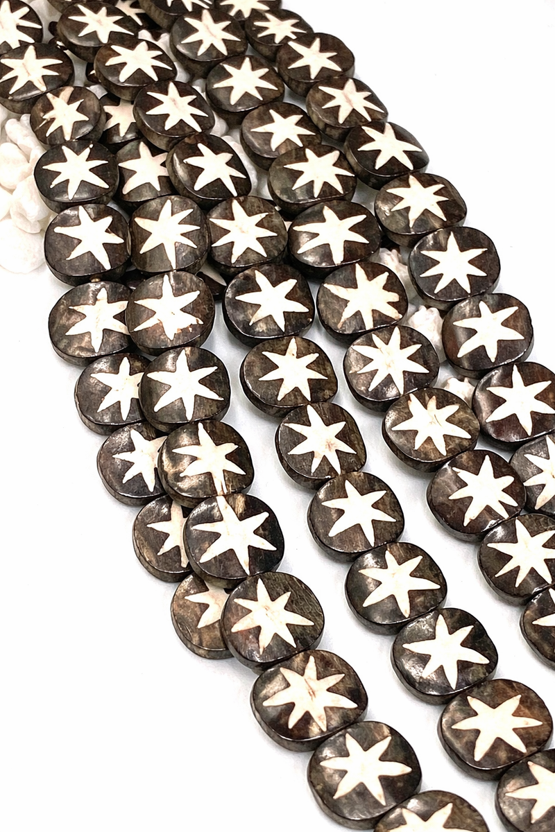 African Batik Bone Beads | Flat Hand-Carved Beads | Assorted Colors & Patterns | 20mm+ | 5-Pieces or By the Strand