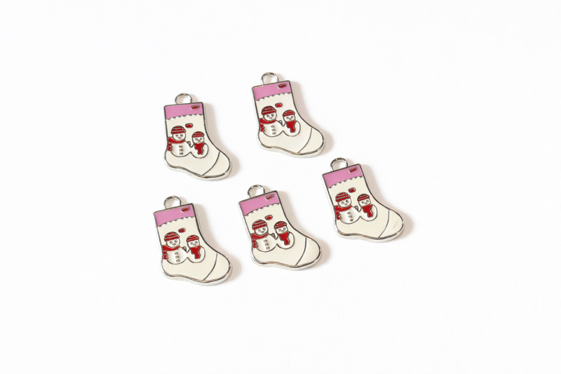 Christmas Stocking Snowman Charms, 24mm Enamel Holiday Pendants – 5pc Pack