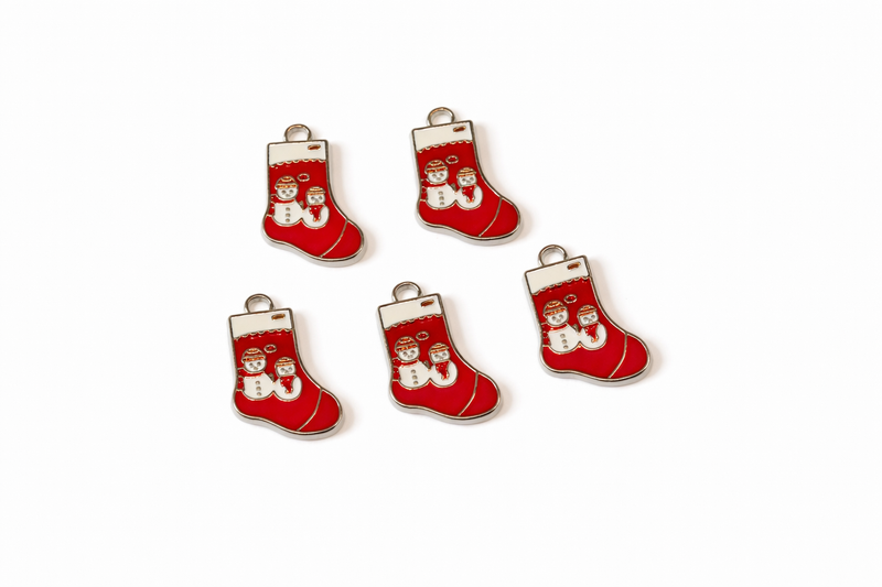 Christmas Stocking Snowman Charms, 24mm Enamel Holiday Pendants – 5pc Pack
