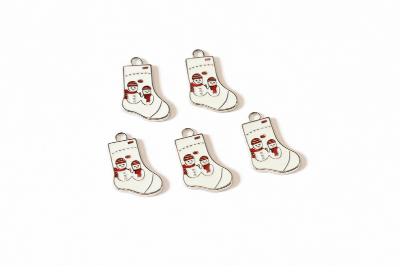 Christmas Stocking Snowman Charms, 24mm Enamel Holiday Pendants – 5pc Pack