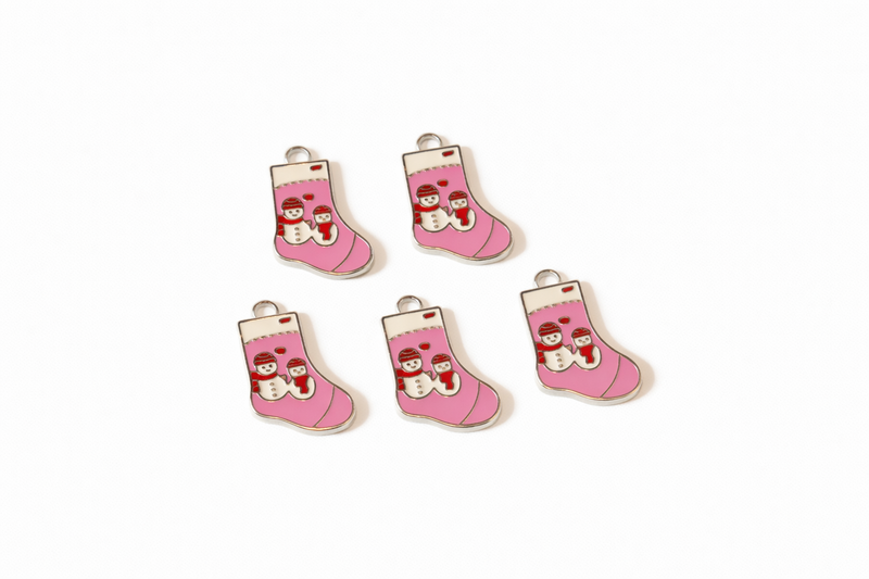 Christmas Stocking Snowman Charms, 24mm Enamel Holiday Pendants – 5pc Pack