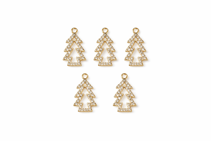 Christmas Cubic Zirconia Tree Charms – Gold Holiday Jewelry Charms, 21x14mm, 5pc Pack