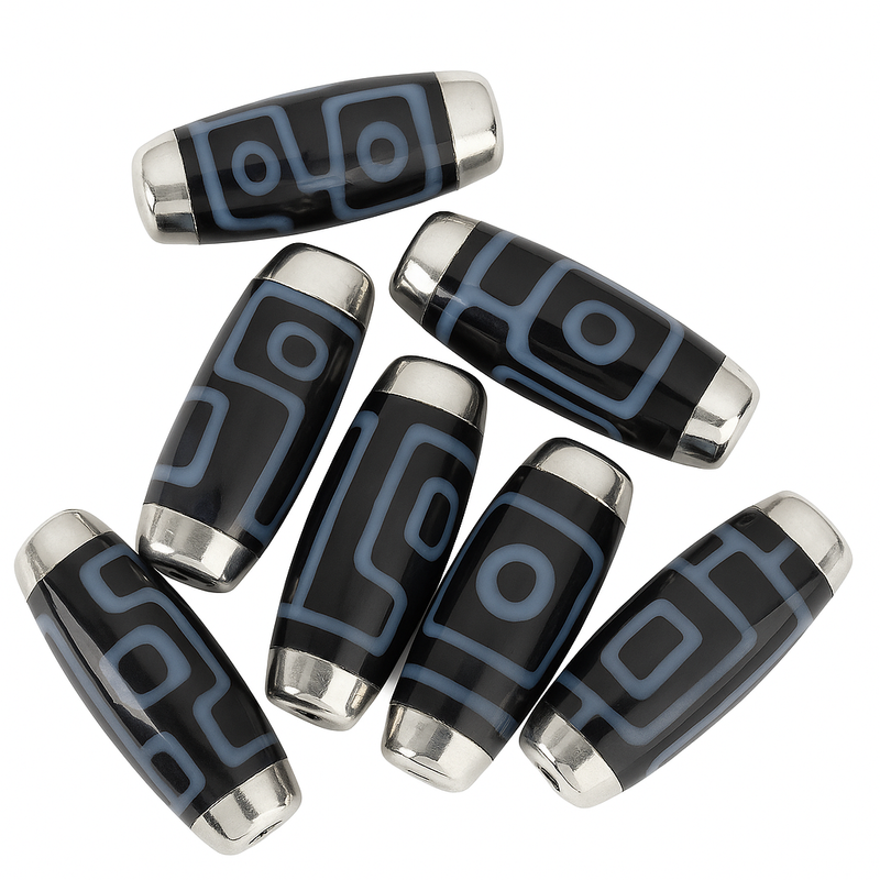 12x40mm Tibetan Dzi Beads – Black & Blue Barrel Beads with Silver Caps, 2 Styles (Sold Individually)
