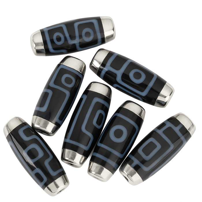 12x40mm Tibetan Dzi Beads – Black & Blue Barrel Beads with Silver Caps, 2 Styles (Sold Individually)