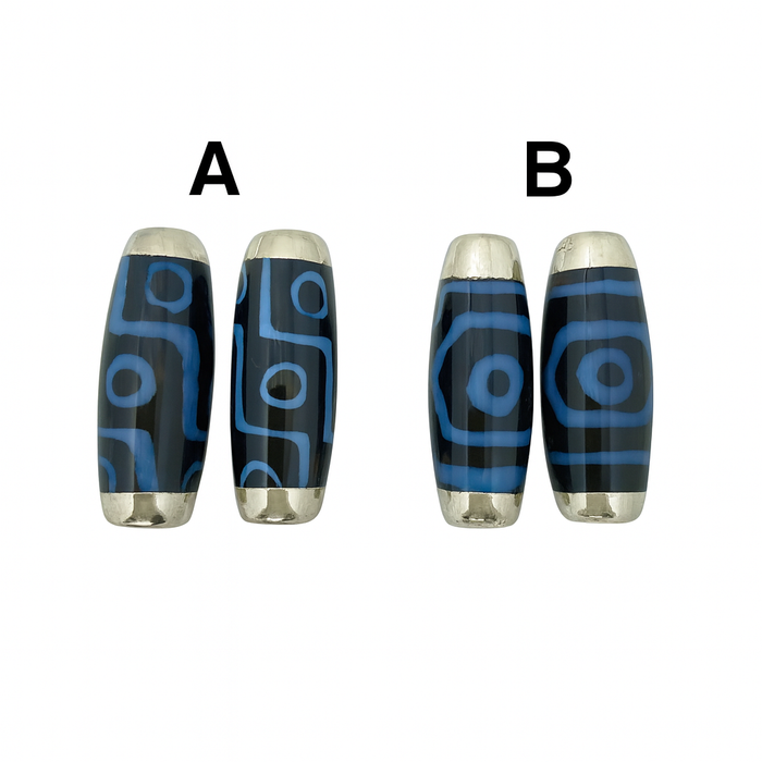 12x40mm Tibetan Dzi Beads – Black & Blue Barrel Beads with Silver Caps, 2 Styles (Sold Individually)