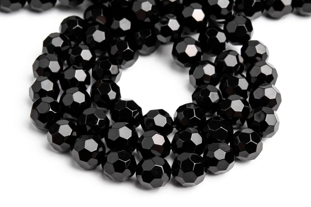 Triple Faceted Black Agate Gemstone Beads | Beautiful Shine | 8mm & 10mm | Faceted Round Gemstone Beads | Jewelry Making DIY | Gemstone Beads | 15 Inch Strand | One Strand