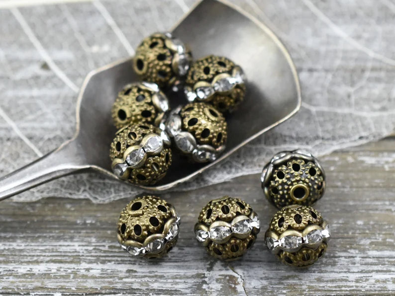 Rhinestone Beads | Filigree Beads| Round Rhinestone Bead | Antique Bronze Rondelle Spacer | Rhinestone Spacers | Rhinestone Round | Choose your size