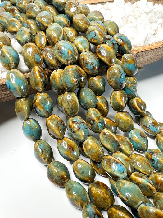 15x21mm Ceramic Beads | Larg Hole | Light Brown and Turquoise Beads | DIY Jewelry Designs | Approximately 20 beads per strand