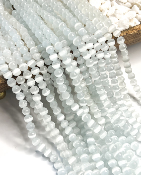 Smooth Natural White Cats Eye Quartz Gemstone Beads | 8mm, 10mm, 12mm Quartz Beads | Natural White Cats Eye | 38 Beads per strand