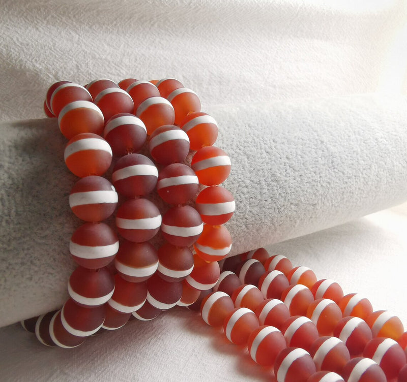 8mm Matte Orange Striped Tibetan Agate Gemstone Beads | DZI Beads | Matte Gemstone Bead | DIY Jewelry Designs | 15" Strand