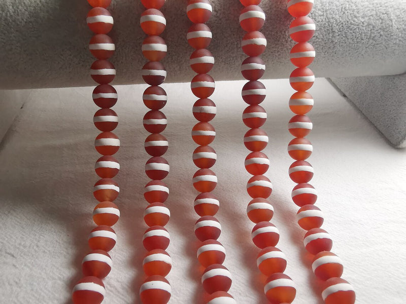 8mm Matte Orange Striped Tibetan Agate Gemstone Beads | DZI Beads | Matte Gemstone Bead | DIY Jewelry Designs | 15" Strand