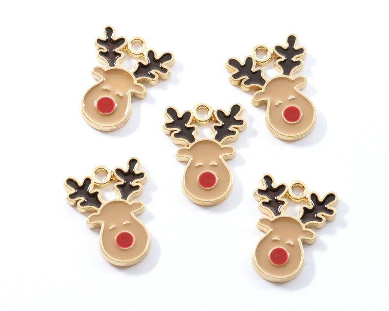 Christmas Enamel Reindeer Charms | 18mm Gold Tone Christmas Charms | 5-Pack | 2- Color Options