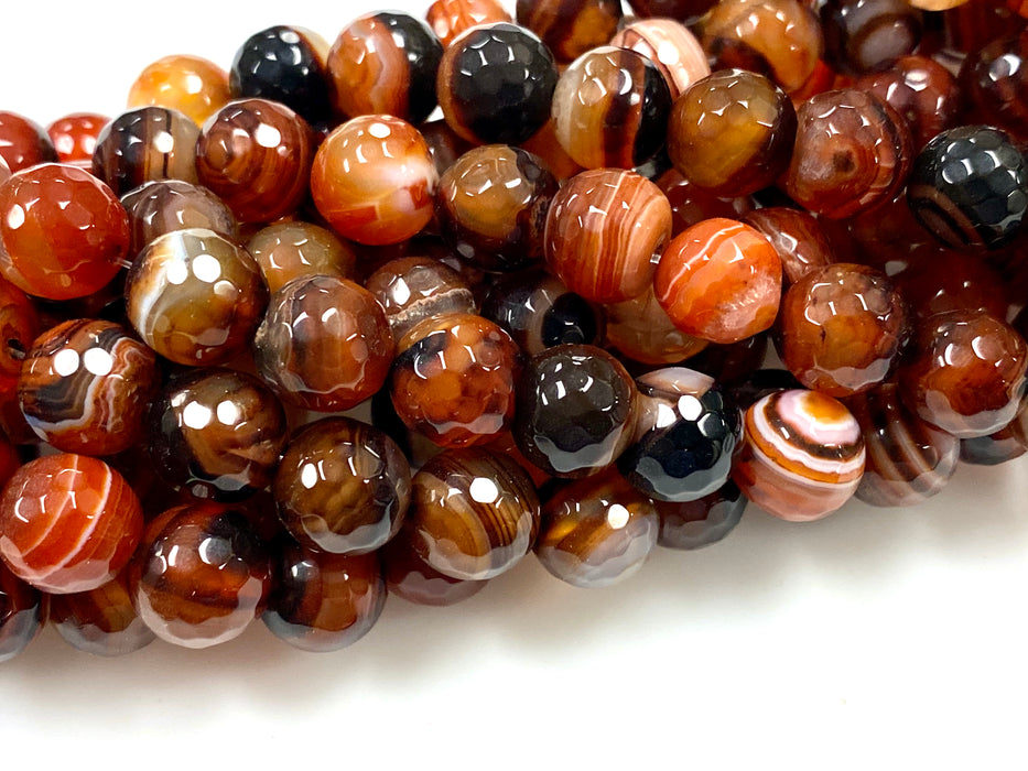 10mm Natural Faceted Banded Agate | Natural Faceted Banded Agate | Brown Orange Faceted Agate
