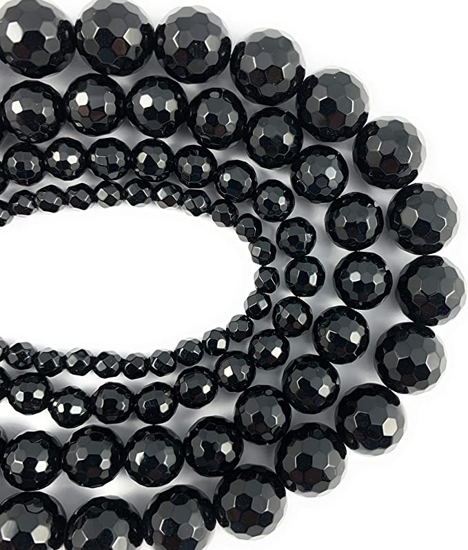 Triple Faceted Black Onyx Gemstone Beads | Faceted Round Beads for Jewelry Making | 4mm 10mm 12mm 14mm | DIY Jewelry Designs