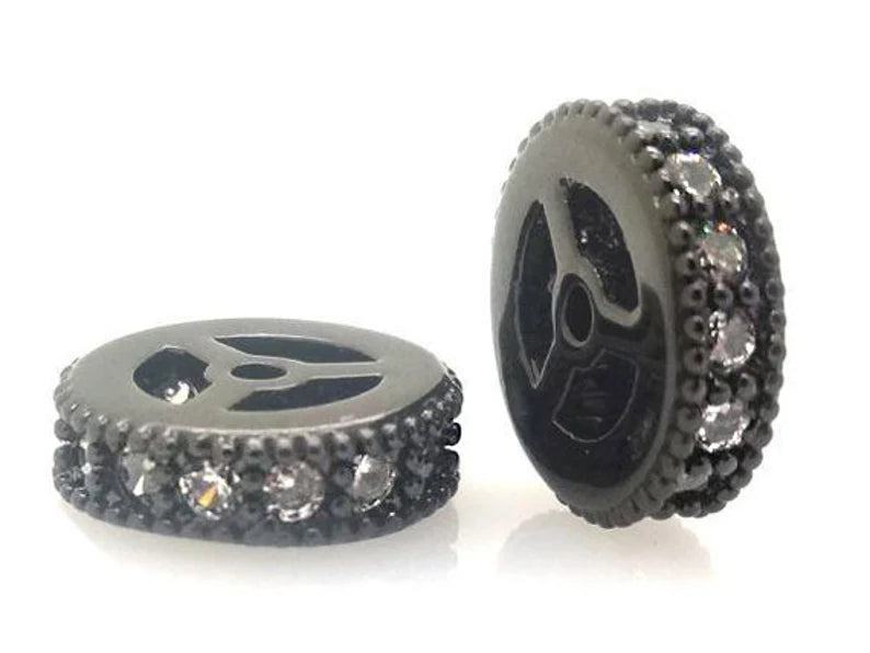 10mm Gunmetal (Black) and Clear Crystals Micro Pave’ Wheel Spacers | 10mm Gunmetal Spacers | Micro Pave Wheel Spacers | Rondelle Brass Micro Pave Crystal Clear CZ Stone Beads