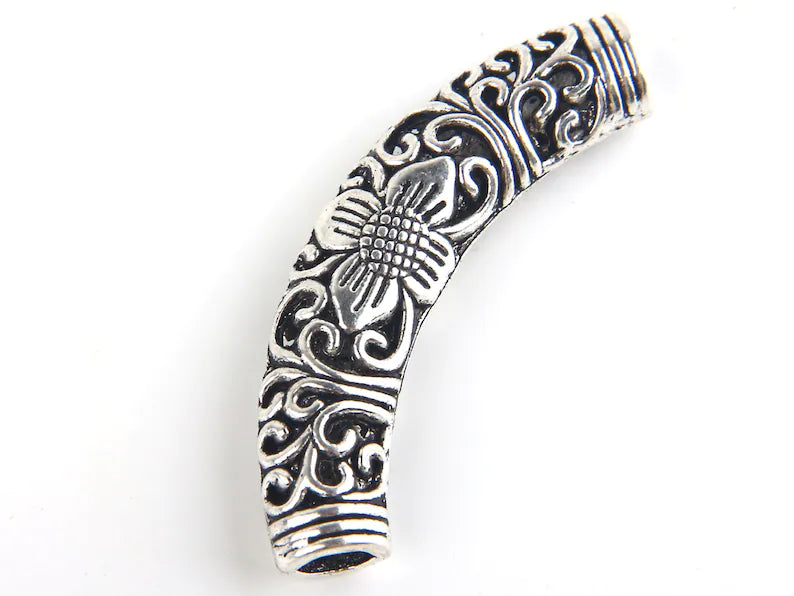 55mm Curved Silver Fretwork Tube Bead