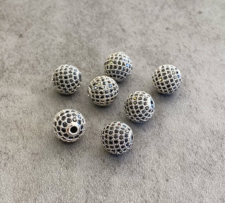 Silver and Black Crystals Micro Pave’ Beads | Cubic Zirconia Beads | 10mm and 12mm | DIY Jewelry Making