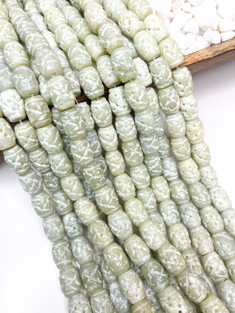 Carved Jade Barrel Beads | Natural Beads | Column Stone Beads | Tube Shape Jade Stone Engraved Beads | DIY Jewelry Making