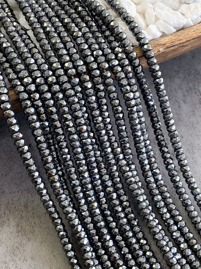 4x6mm Faceted Gunmetal Hematite Rondelle Gemstone Beads | Faceted Natural Gemstone Beads | Hematite Beads for Jewelry Making 15.5" 1 Strand | DIY Jewelry Making