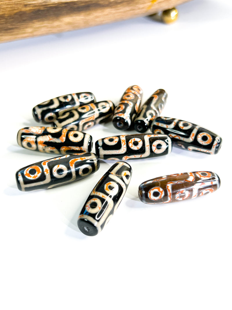 Natural Tibetan Agate Gemstone Bead | 12x40mm Barrel Shape Bead | Beautiful Natural Black, Cream, Orange Bead | DIY Jewelry |1 Piece