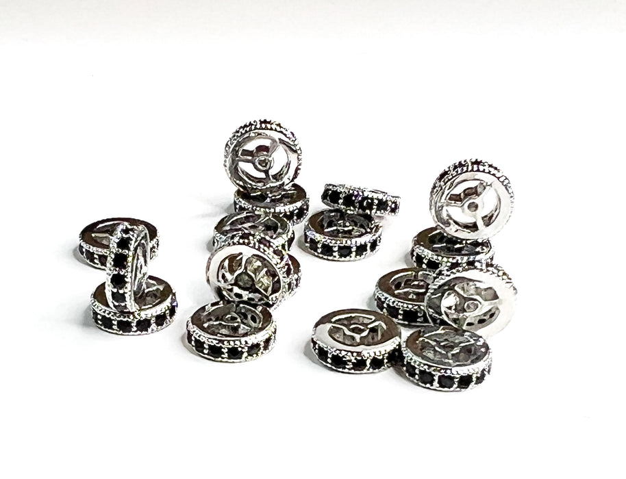 Silver and Black Crystals Micro Pave’ Wheel Spacers | 8mm Silver Spacers | Micro Pave Wheel Spacers | Rondelle Brass Micro Pave Crystal Black CZ Stone Beads