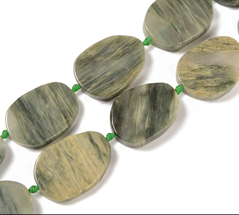 Natural Green Line Jasper Flat Oval Beads