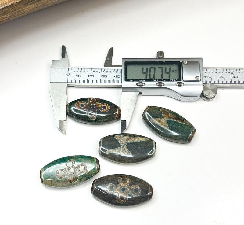 40mm Green and Brown Tibetan Agate Focal Beads | Tibetan Beads | Dzi Focal Beads | 14mm x 40mm