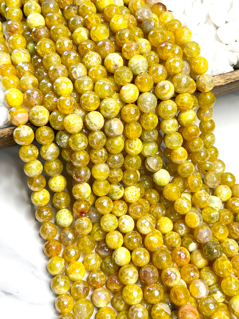 12mm Faceted Electroplated Yellow Fire Agate Gemstone Beads | Clear Coated Agate |  Bright  Yellow | DIY Gemstone Jewelry | 15” Strand 32 Beads per Strand